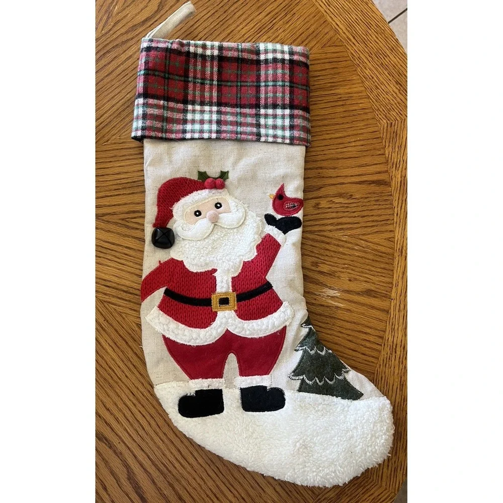 Christmas Stocking Fabric Cloth Beige Santa Plaid Country Rustic Primitive 17